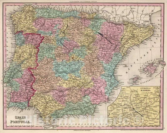 Historic Map : World Atlas Map, Spain and Portugal. 1836 - Vintage Wall Art