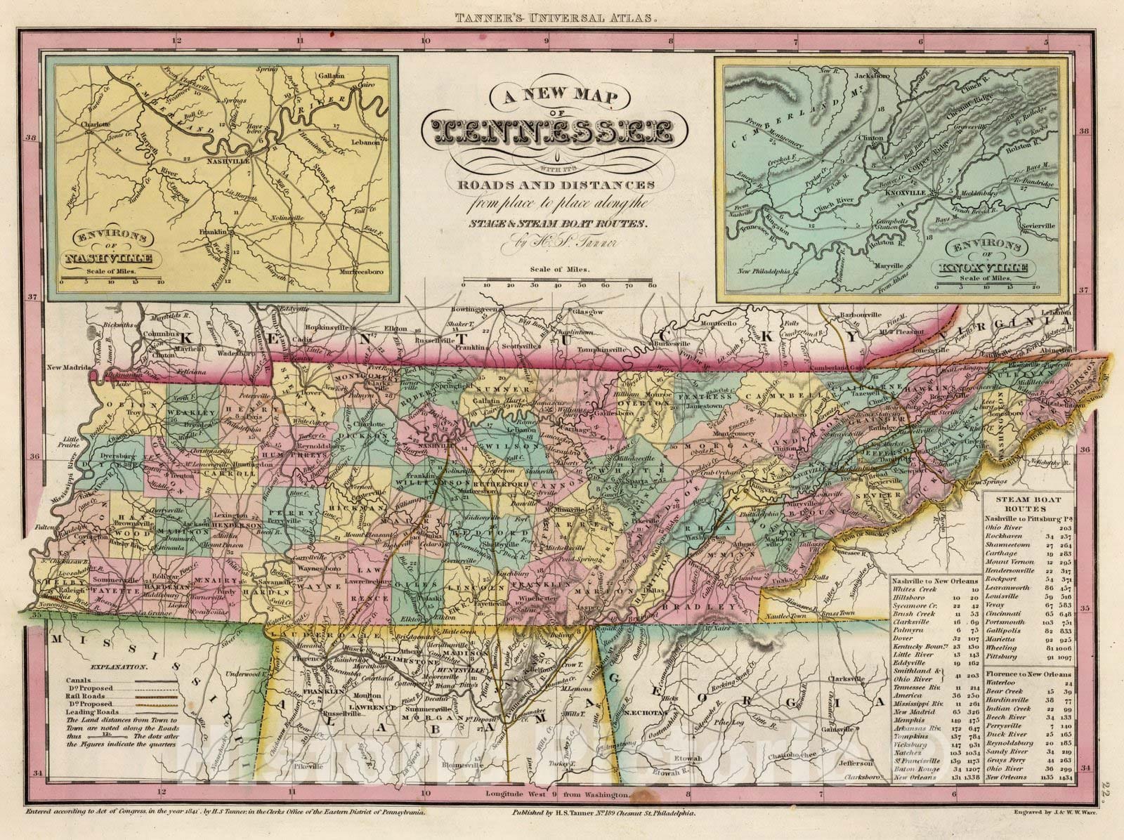 Historic Map : World Atlas Map, Tennessee. 1841 - Vintage Wall Art