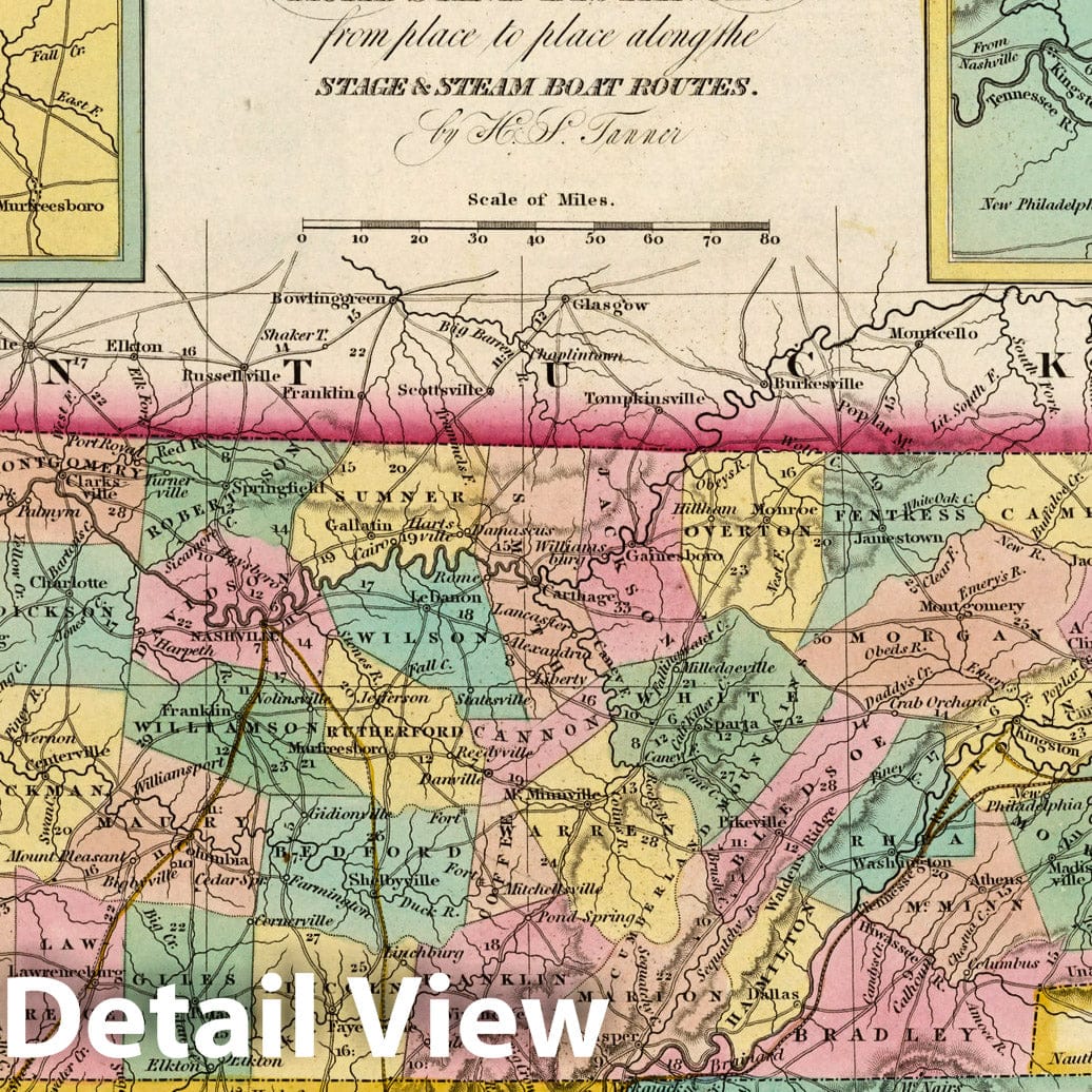 Tennessee - Road Map, 1841 - Historical Map Print