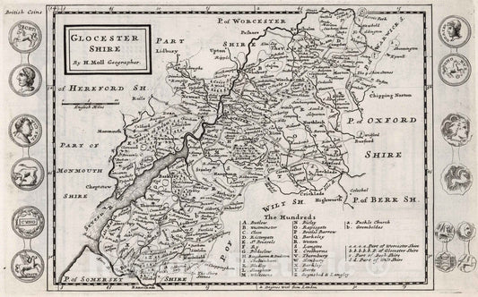 Historic Map : Glocester Shire. By H. Moll Geographer 1724 - Vintage Wall Art