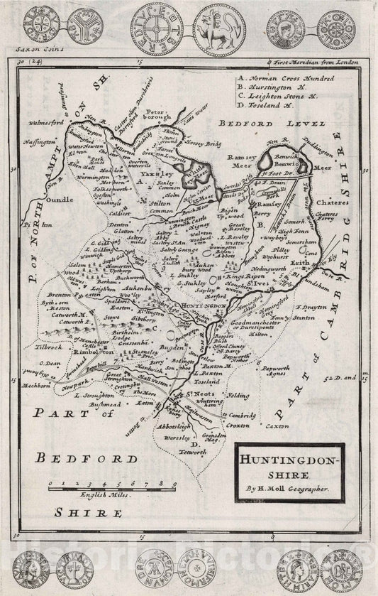 Historic Map : Huntingtonshire. By H. Moll Geographer 1724 - Vintage Wall Art