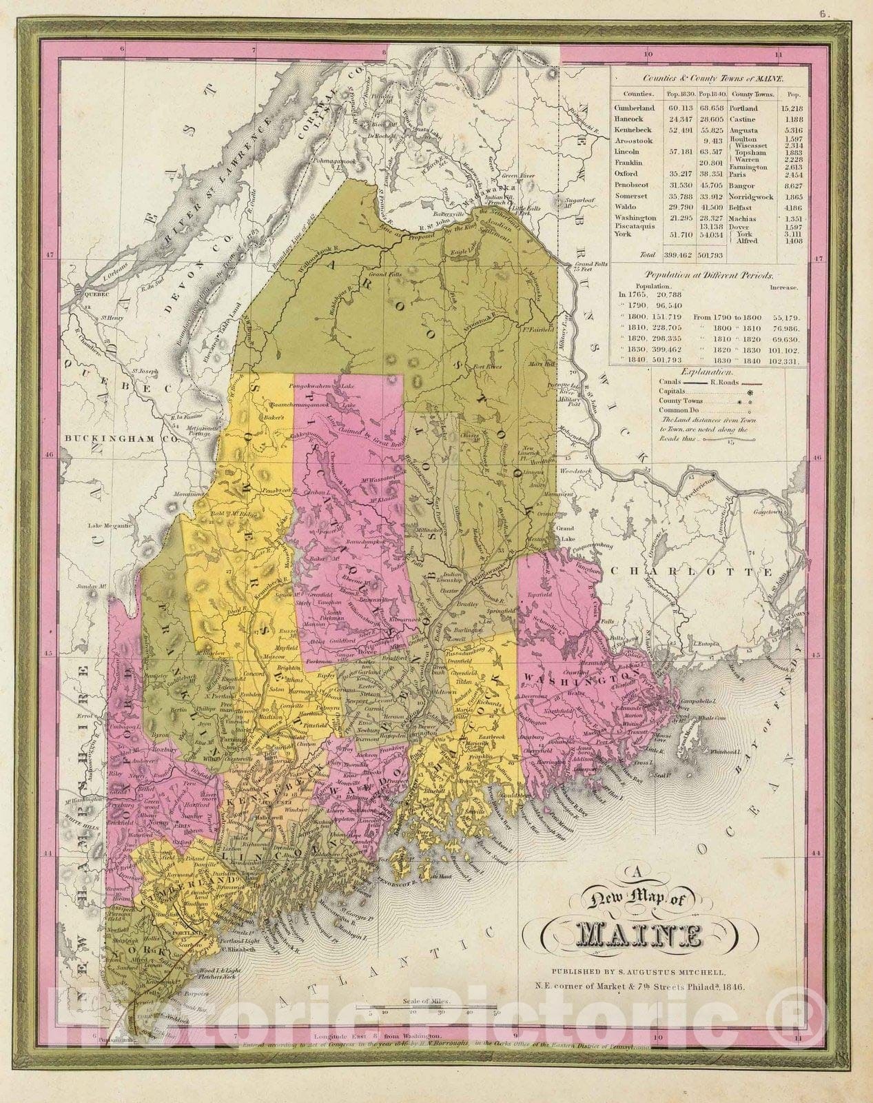 Historic Map : New Map of Maine, 1846 - Vintage Wall Art