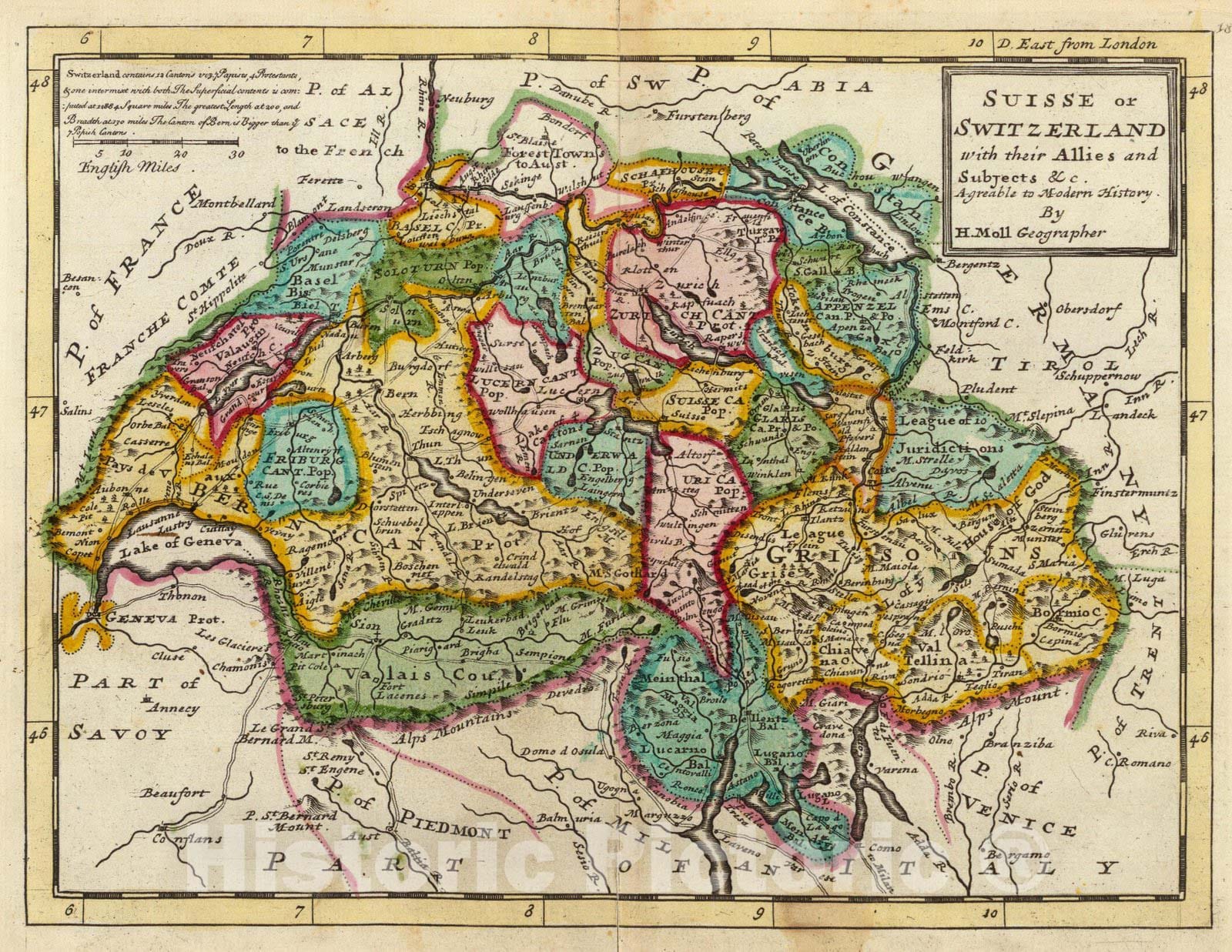 Historic Map : World Atlas Map, Suisse or Switzerland. 1736 - Vintage Wall Art