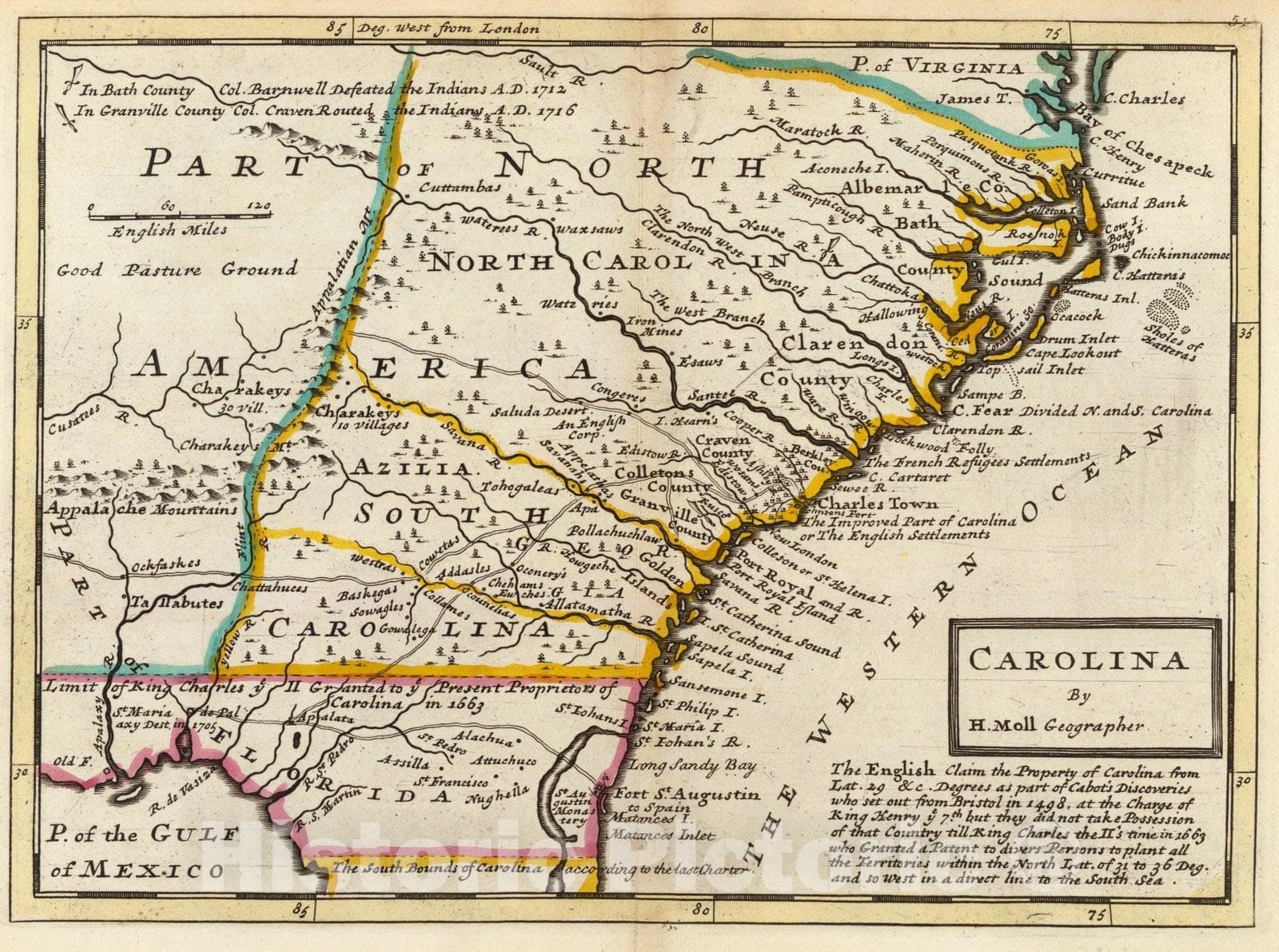 Historic Map : World Atlas Map, Carolina. 1736 - Vintage Wall Art