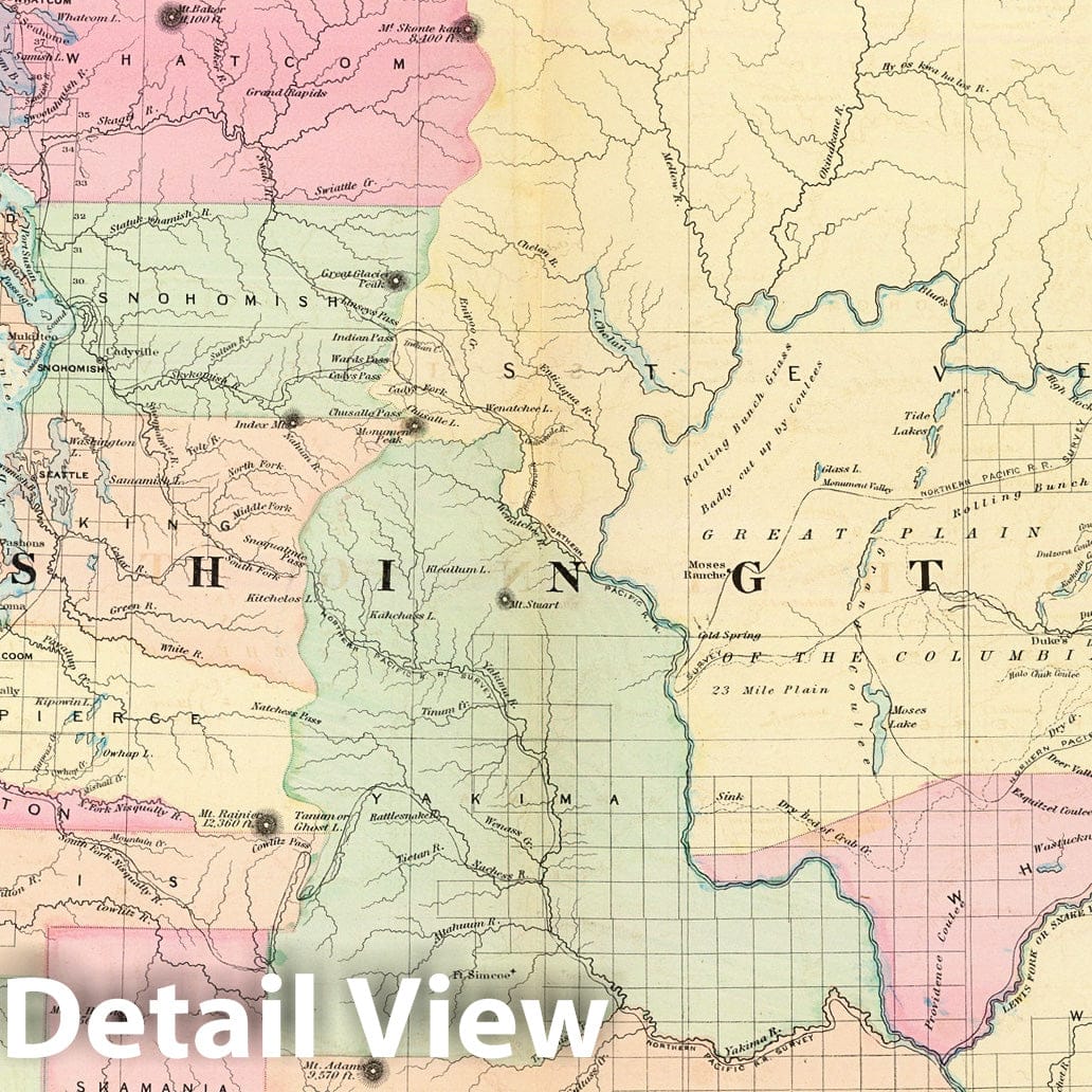 Washington - Railroad Map, 1874 - Asher & Adams Atlas Print