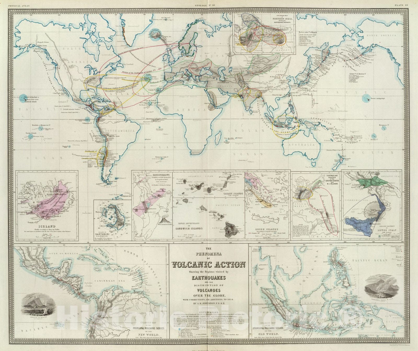 Historic Map : Physical Atlas Map, Volcanic action. 1856 - Vintage Wall Art
