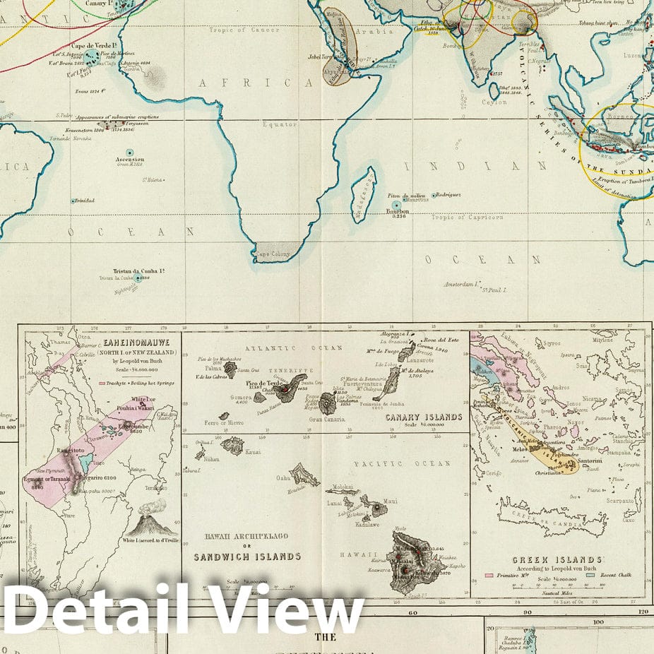 Volcanic Action Regions - World Map, 1856 - Historical Geological Map Print