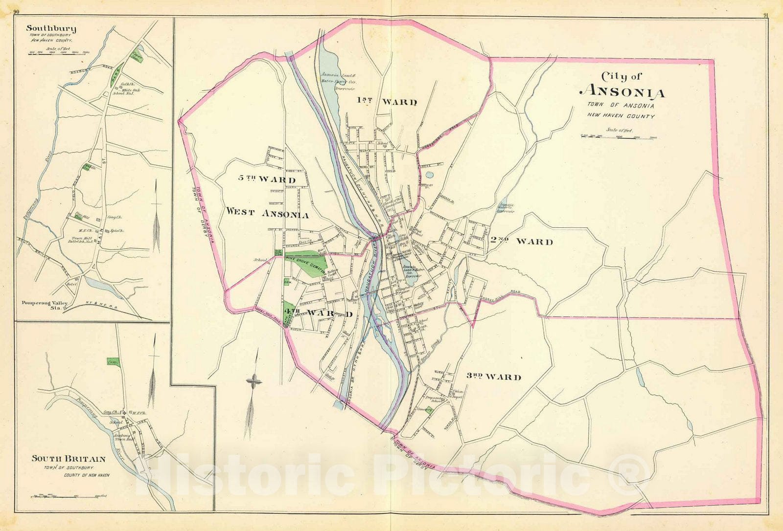 Historic Map : State Atlas Map, Ansonia, Southbury, S. Britain. 1893 - Vintage Wall Art