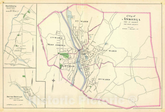 Historic Map : State Atlas Map, Ansonia, Southbury, S. Britain. 1893 - Vintage Wall Art