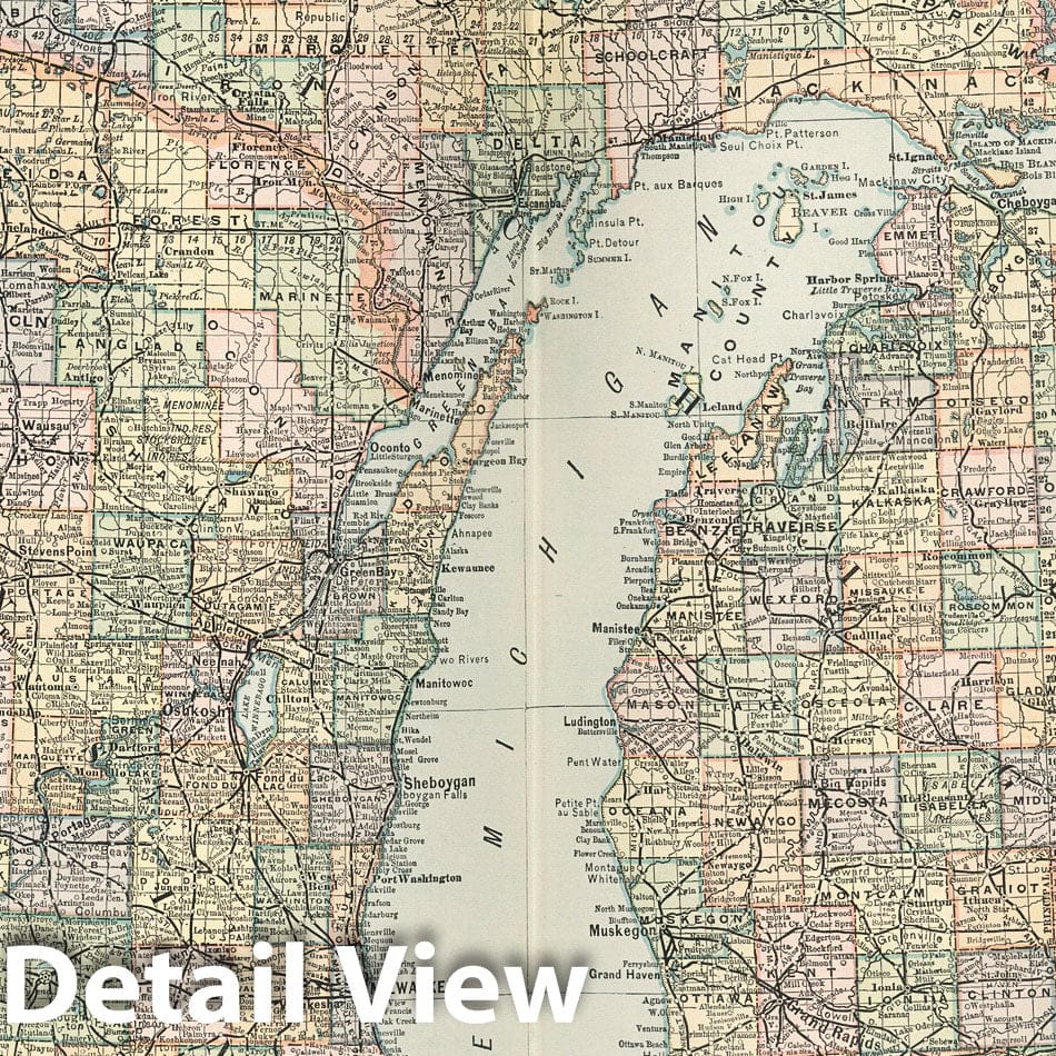 Michigan and Wisconsin - Railroad Map, 1891 - Historical Map Print