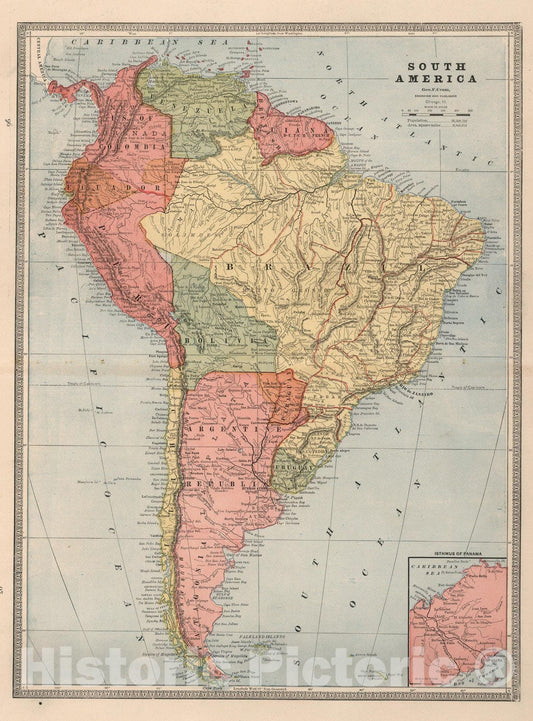 Historic Map : World Atlas Map, South America. 1883 - Vintage Wall Art