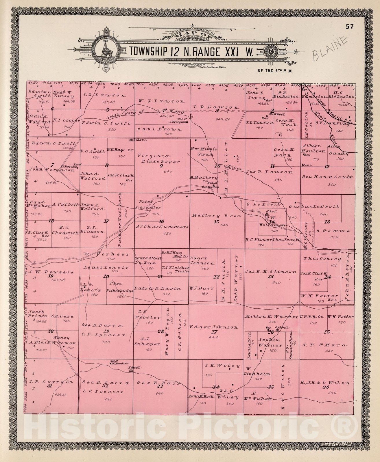 Historic Map : Dawson County Nebraska, County Atlas Map, Township 12 N. Range XXI W. 1904 - Vintage Wall Art