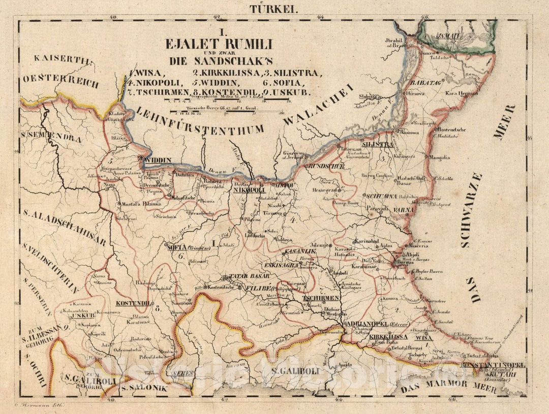 Historic Map : Turkey, Ottoman Empire V.1:1-5: II: Turkei. I. Ejalet Rumili und die Sandschak's 1825 , Vintage Wall Art