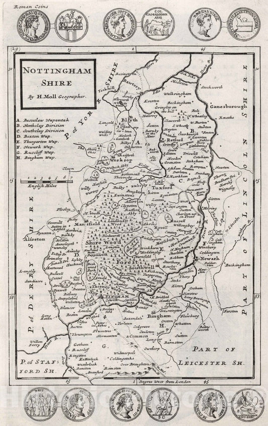 Historic Map : Nottinghamshire. By H. Moll Geographer 1724 - Vintage Wall Art