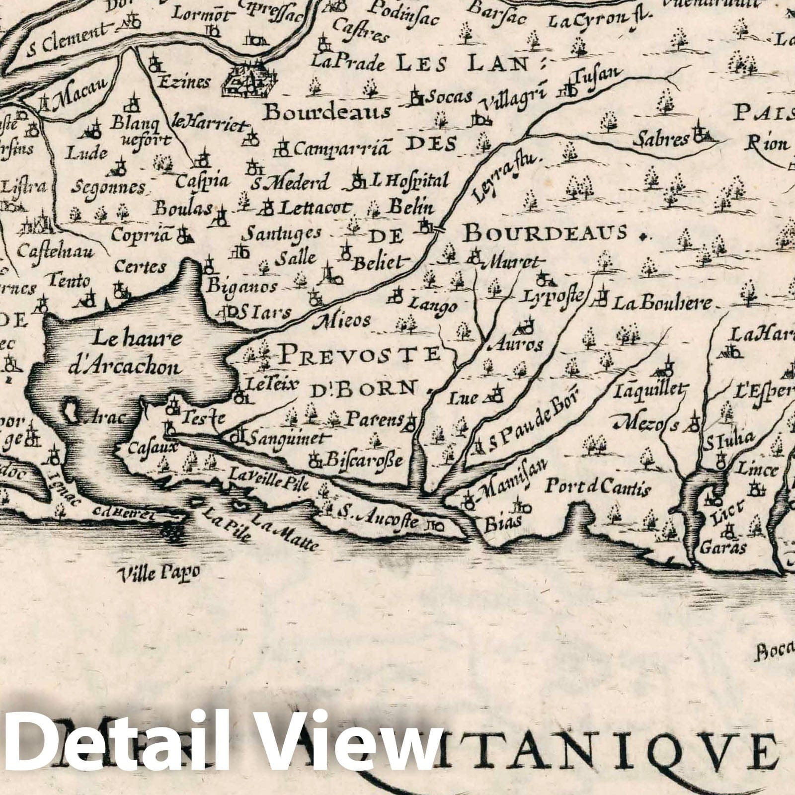 Historic Map : France, Bordeaux Region , FranceBovrdelois, pais de Medoc et la prevoste de Born 1636 , Vintage Wall Art