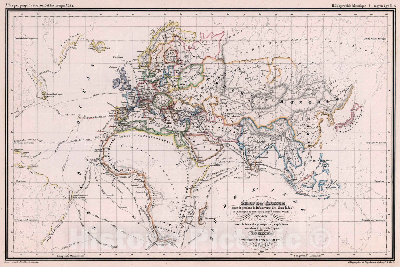 Historic Map : World Atlas Map, 24. Etat du Monde avant pendant la Decouverte des deux Indes 1273-1519. 1834 - Vintage Wall Art
