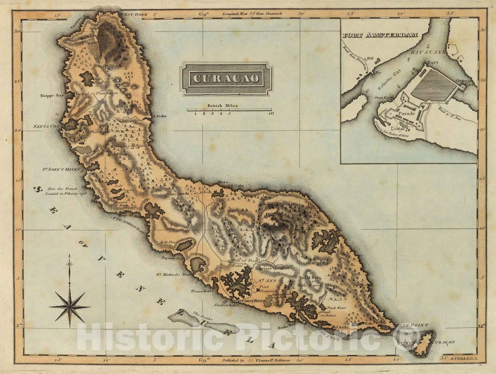 Curacao with inset Fort Amsterdam - River Map, 1823 - Historical Map Print