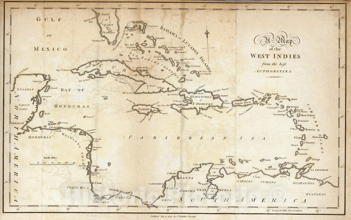 Historic Map : Map of the West Indies, 1794 - Vintage Wall Art
