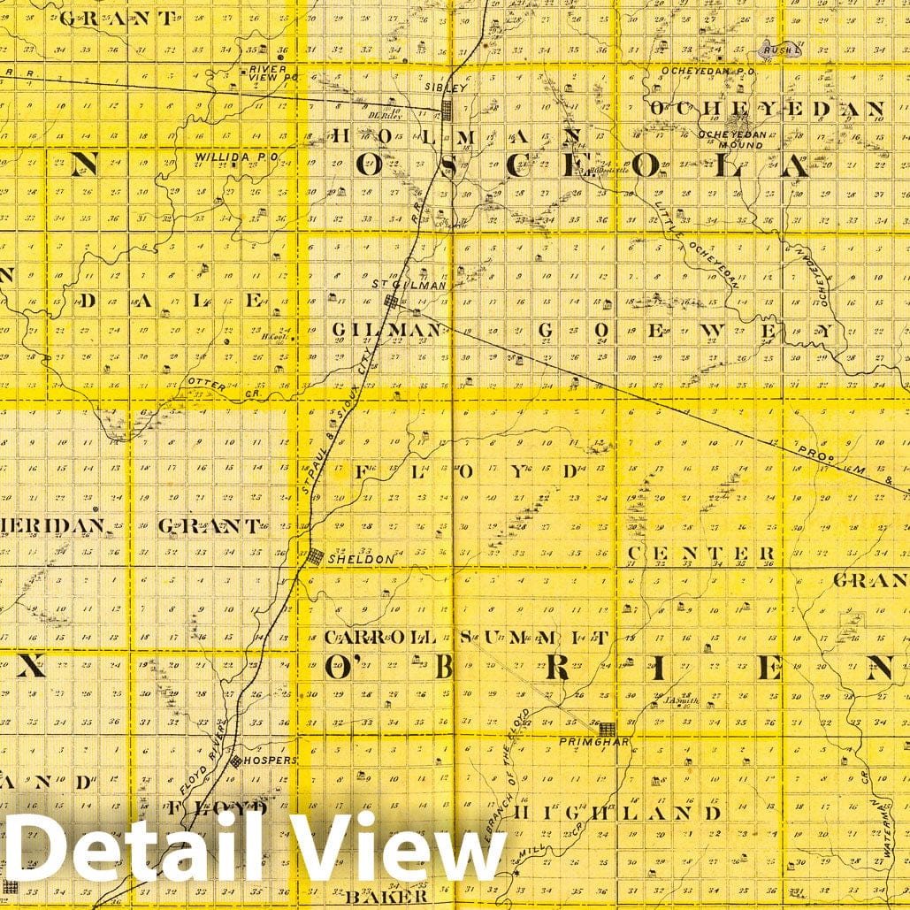 Lyon, Osceola, Dickinson, Sioux, O'Brien & Clay Counties, Iowa - Railroad Map, 1875