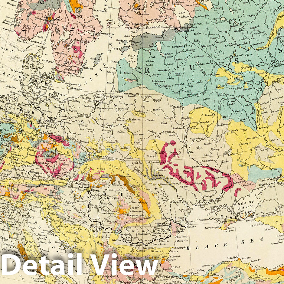 Europe Geological Map 1856 - Railroad & Geology Historical Map Print