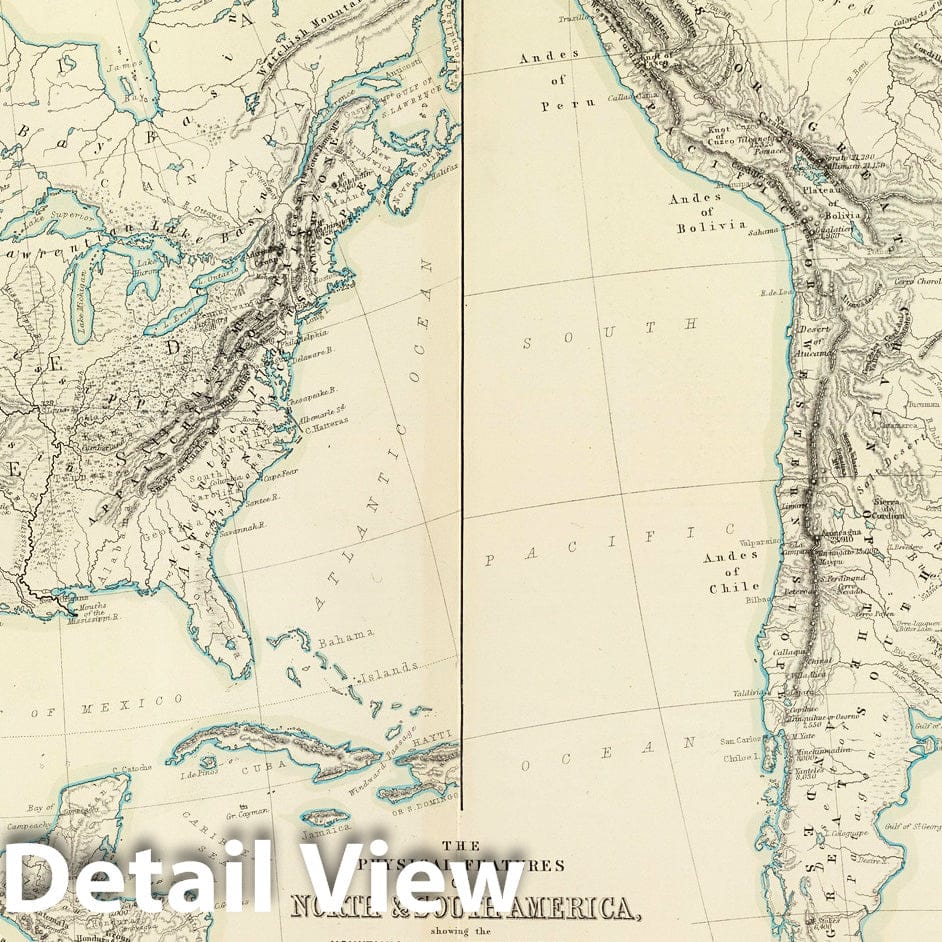 North and South America - Physical Map, 1856 - Johnston Atlas Reproduction