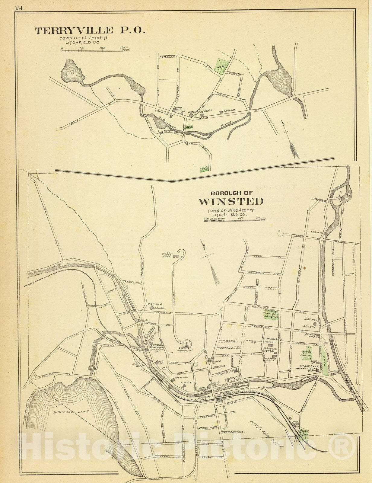 Historic Map : State Atlas Map, Winsted, Terryville. 1893 - Vintage Wall Art