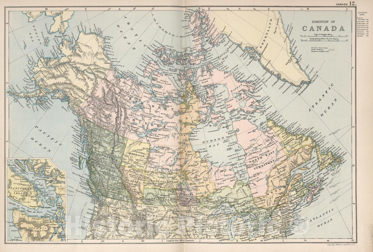 Historic Map : World Atlas Map, Dominion of Canada 12 1891 - Vintage Wall Art