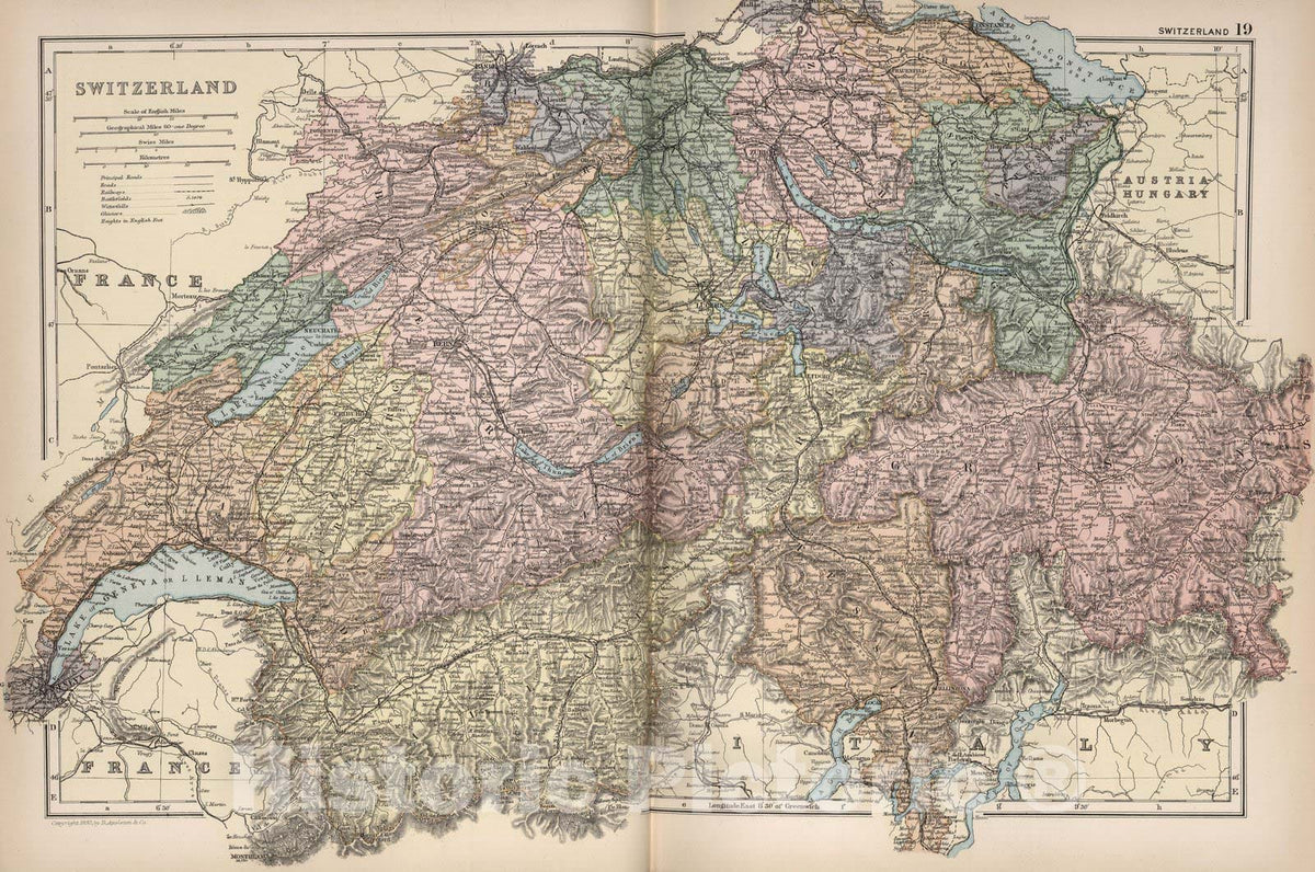 Historic Map : World Atlas Map, Switzerland 19 1892 - Vintage Wall Art