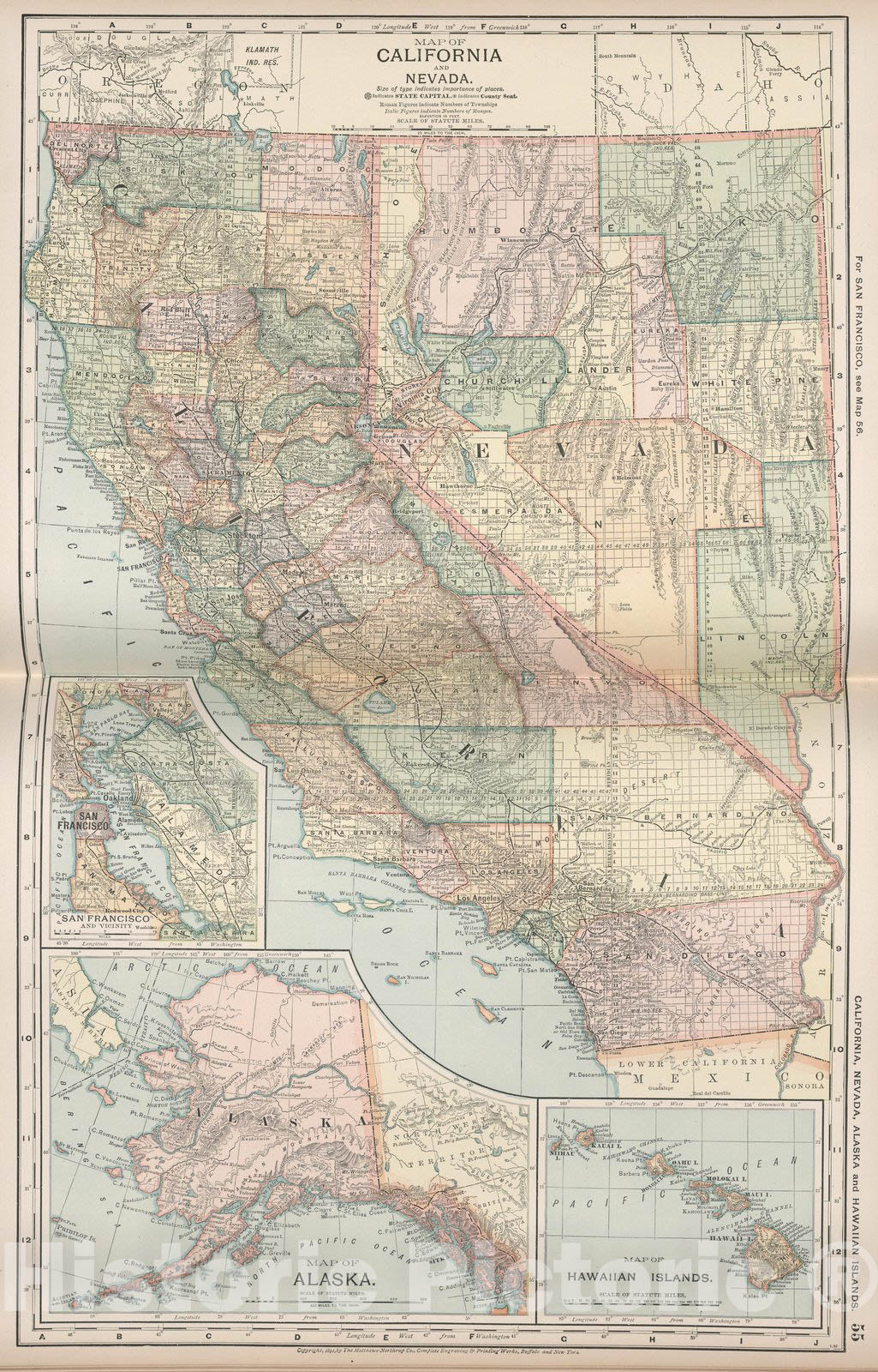 Historic Map : Map of California, Nevada, 1891 - Vintage Wall Art