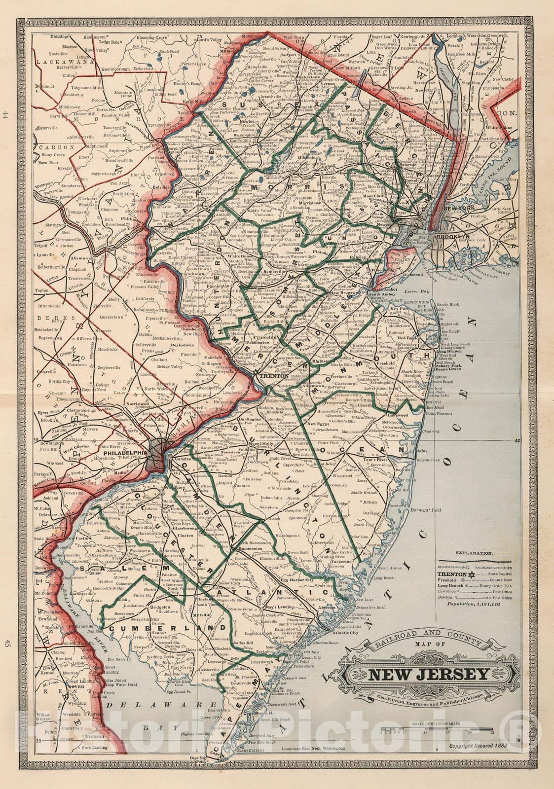 Historic Wall Map : Railroad and County Map of New Jersey, 1883 - Vintage Wall Art