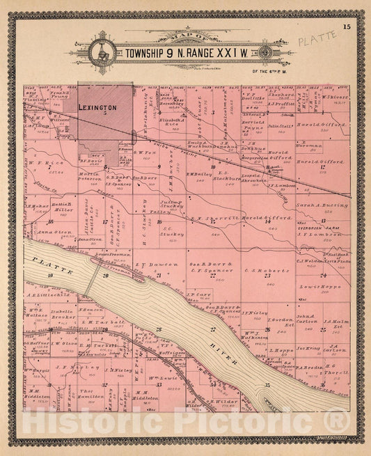 Historic Map : Dawson County Nebraska, County Atlas Map, Township 9 N. Range XXI W. 1904 - Vintage Wall Art