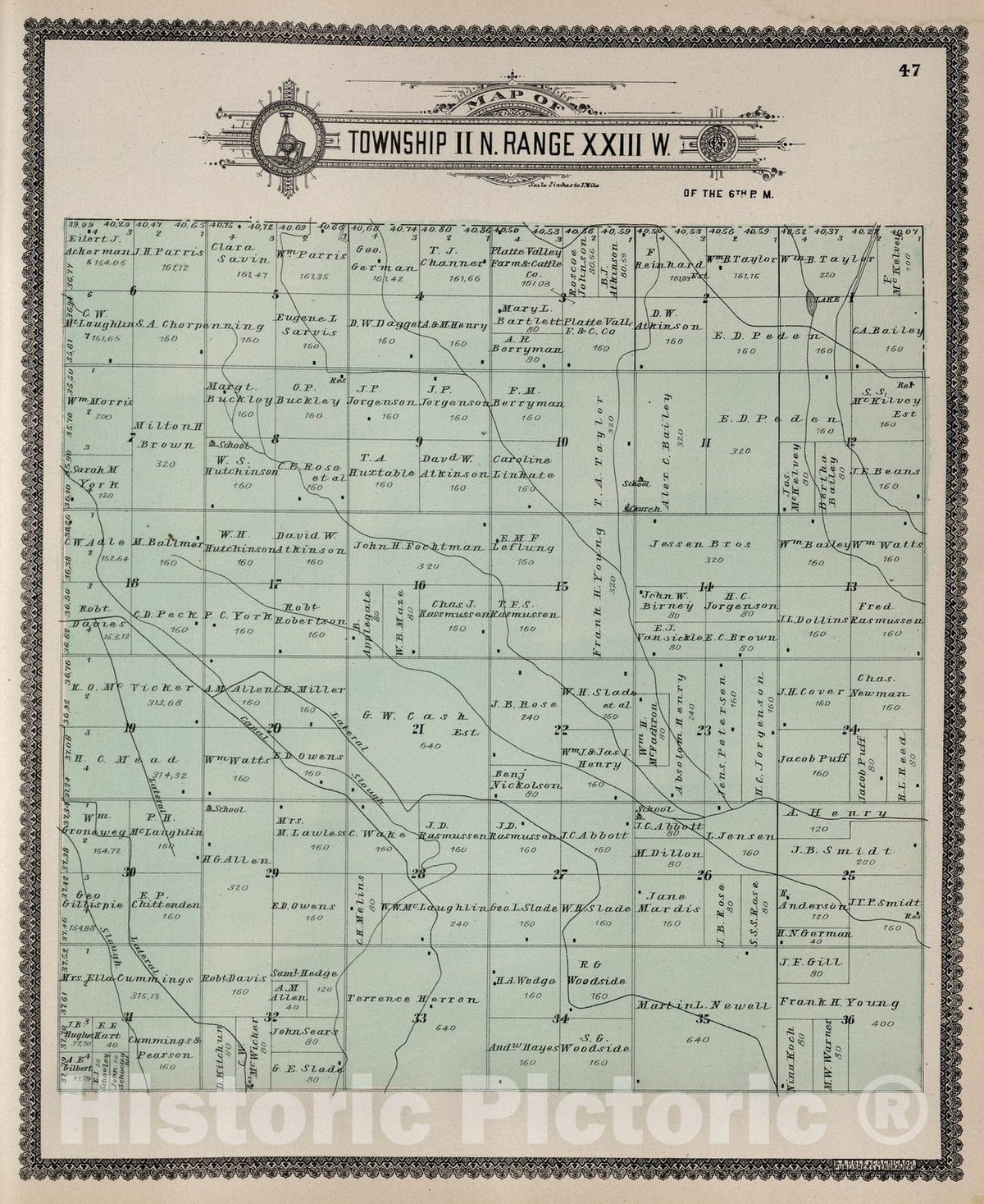 Historic Wall Map : Dawson County Nebraska, County Atlas Map, Township 11 N. Range XXIII W. 1904 - Vintage Wall Art
