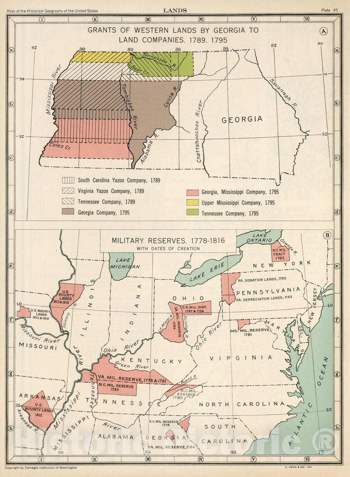 Historic Wall Map : Historical Atlas Map, Plate 45. Lands. Grants by Georgia, 1789. 1875. Military Reserves, 1778-1816. 1932 - Vintage Wall Art