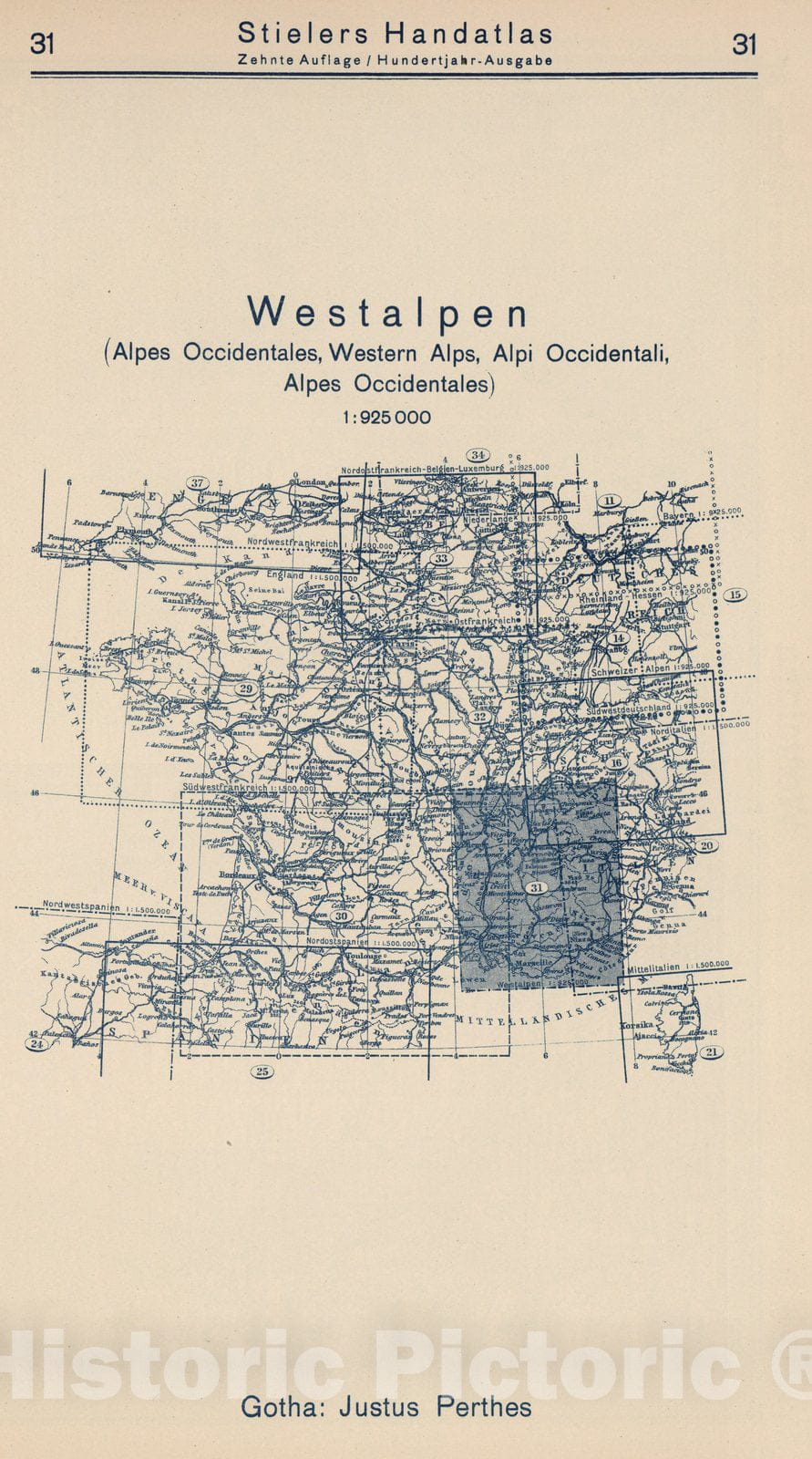 Historic Map : Index Map: 31. Westalpen. Western Alps, 1925 - Vintage Wall Art
