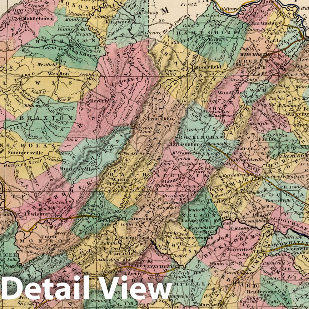 Virginia - Road Map, 1842 - Historical Map Print by H.S. Tanner
