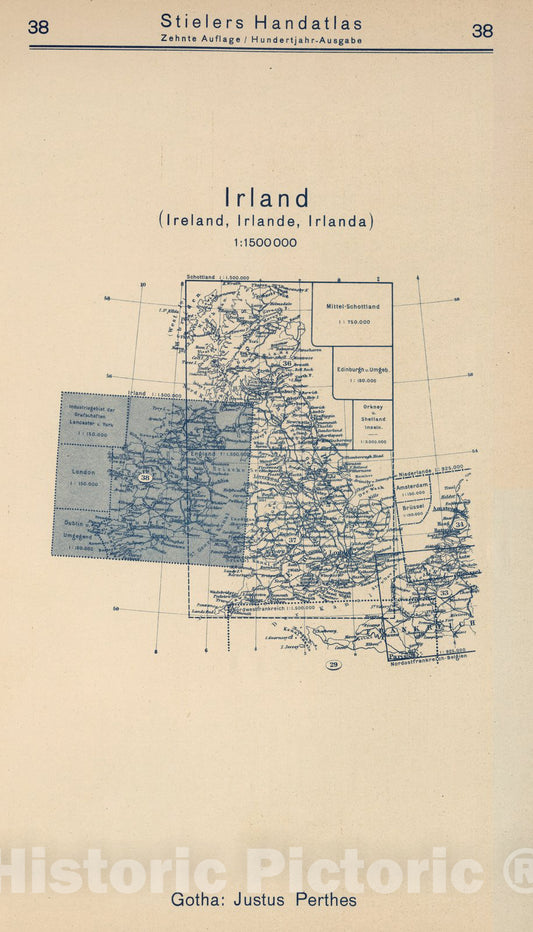Historic Map : Index Map: 38. Irland. Ireland, 1925 - Vintage Wall Art