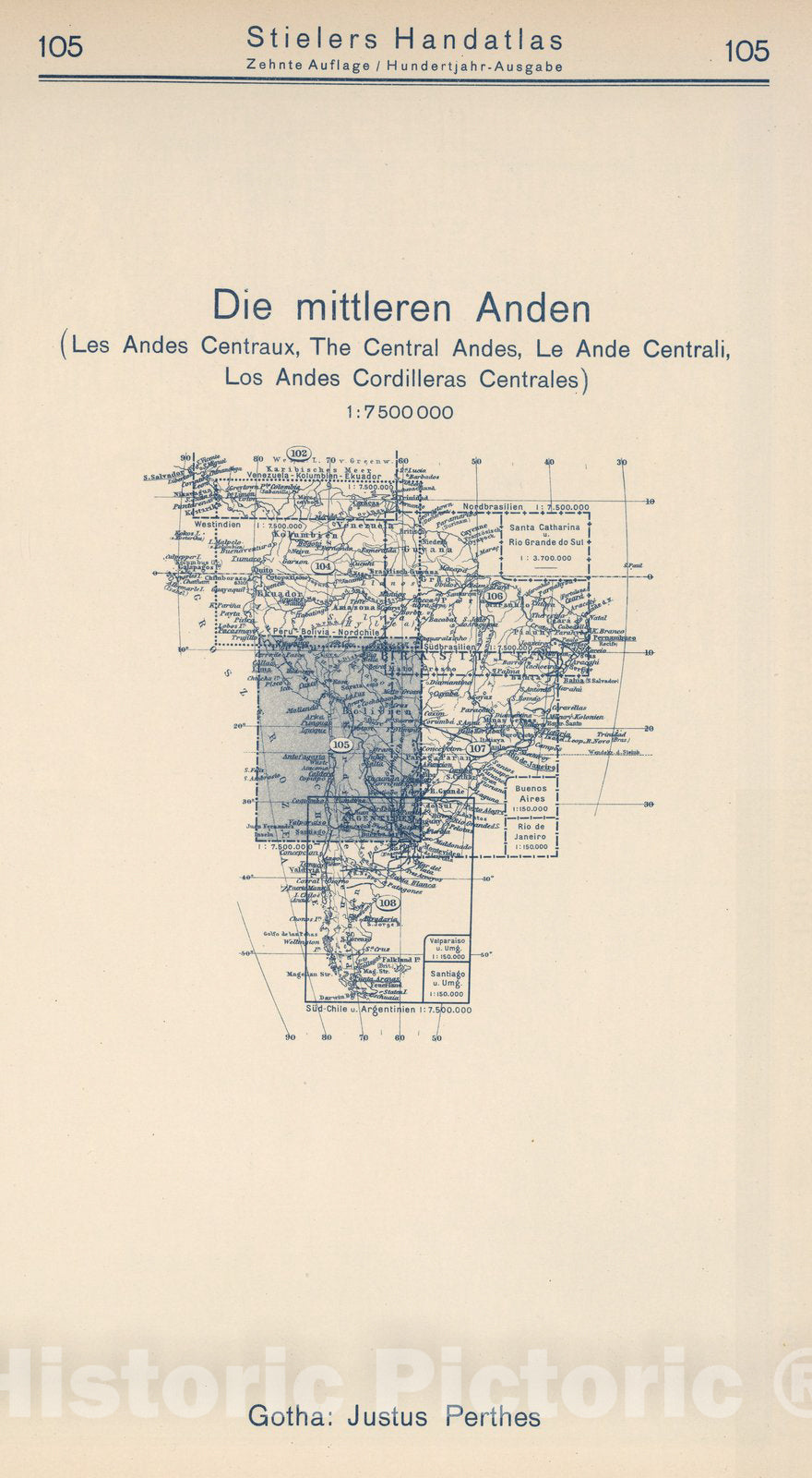 Historic Wall Map : Index Map: 105. Die mittleren Anden. The Central Andes, 1925 - Vintage Wall Art