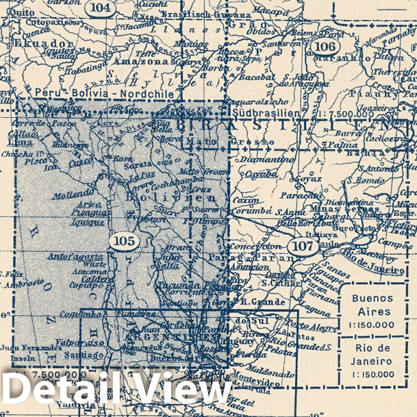 Central Andes, 1925 - Historical Map Print from Stieler's Atlas