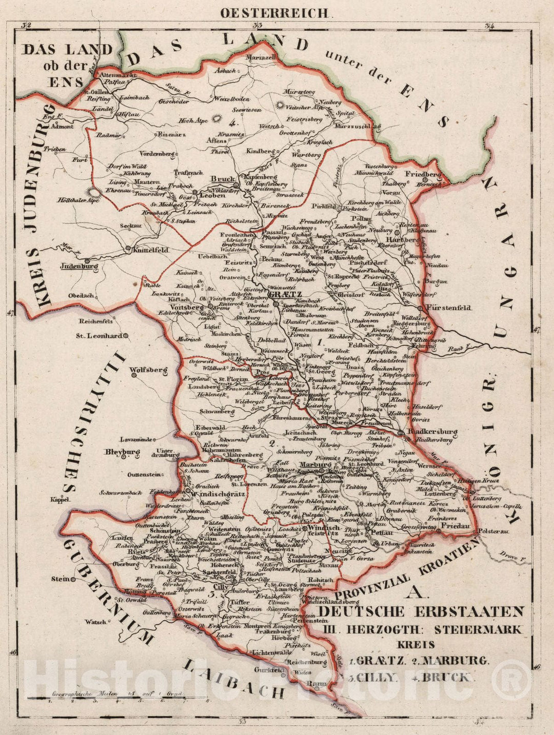 Historic Map : Germany, V.3:11-15:XI:1. Oesterreich. A. Deutsche Erbstaaten. III. Herzogth: Steiermark kreis 1828 , Vintage Wall Art
