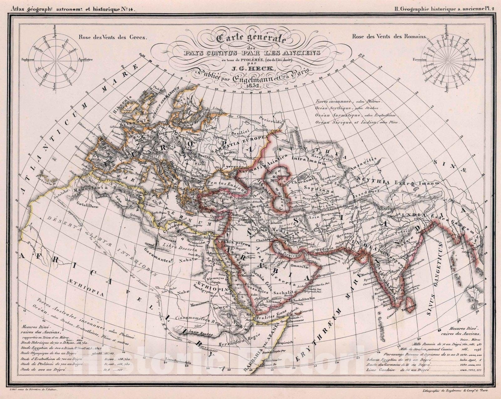 Historic Map : World Atlas Map, 14. Carte generale des Pays Connus par les Anciens au tems de Ptolemee. 1834 - Vintage Wall Art