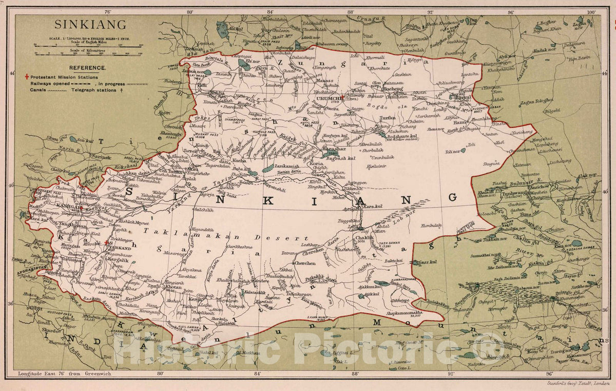 Historic Map : Sinkiang. Stanford's Geographical Establishment 1908 - Vintage Wall Art