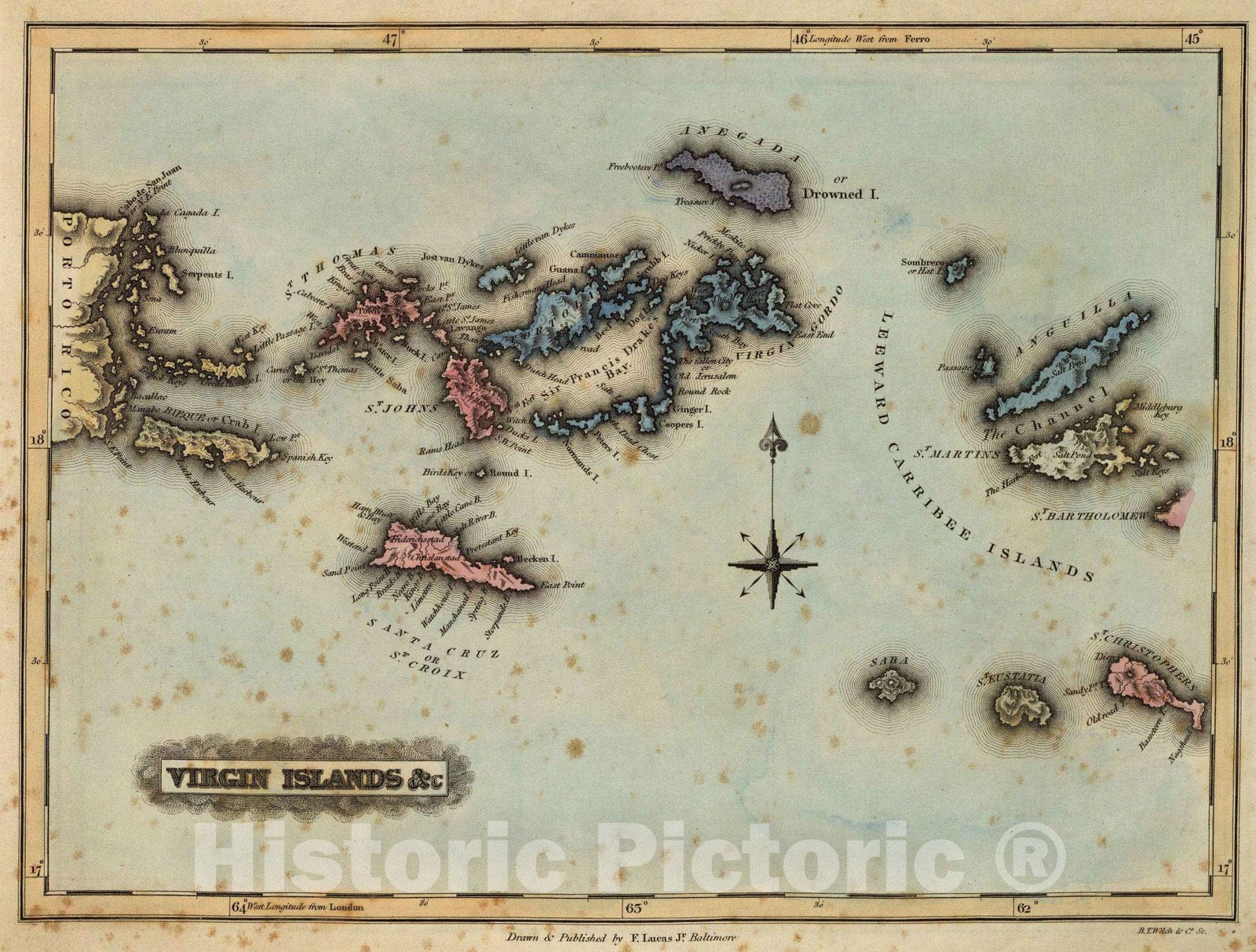 Virgin Islands - River Map, 1823 - Historical Map Print