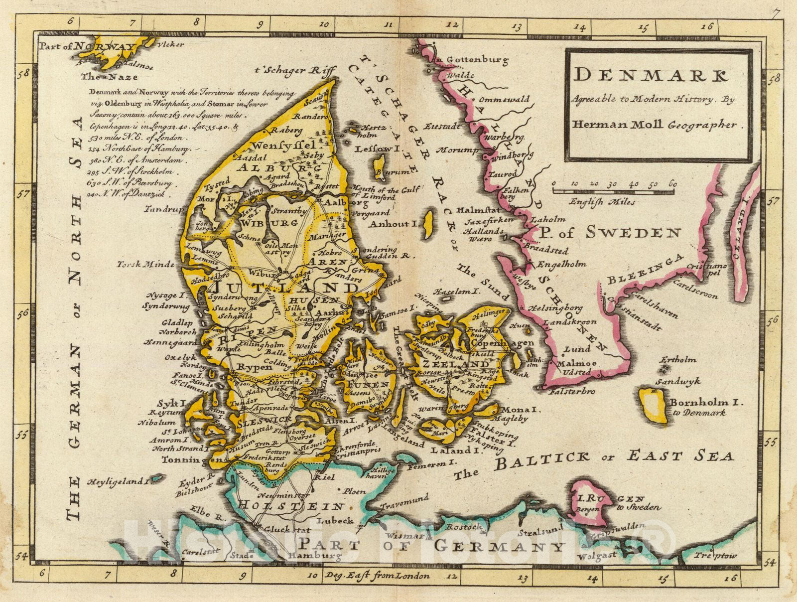 Historic Map : World Atlas Map, Denmark. 1736 - Vintage Wall Art