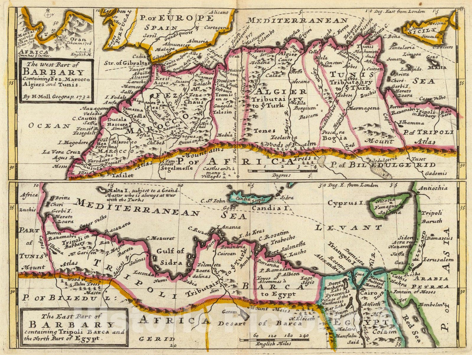 Historic Map : World Atlas Map, West and east parts of Barbary. 1736 - Vintage Wall Art
