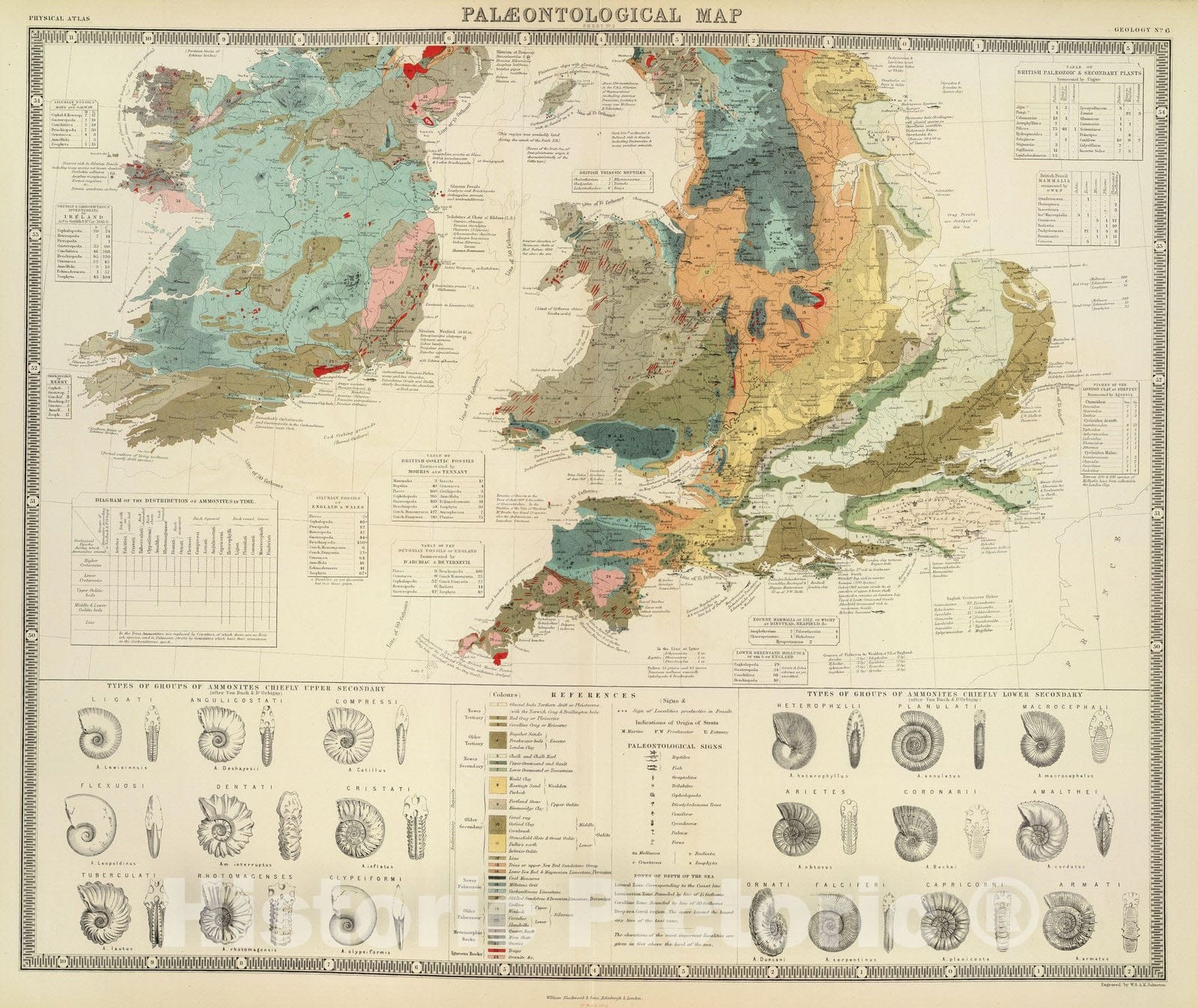 Historic Wall Map : Palaeontological map (British Islands), 1854 - Vintage Wall Art