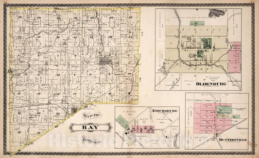 Historic Map : County Atlas Map, Ray Township. Oldenburg. Enochsburg. Huntersville. 1882 - Vintage Wall Art