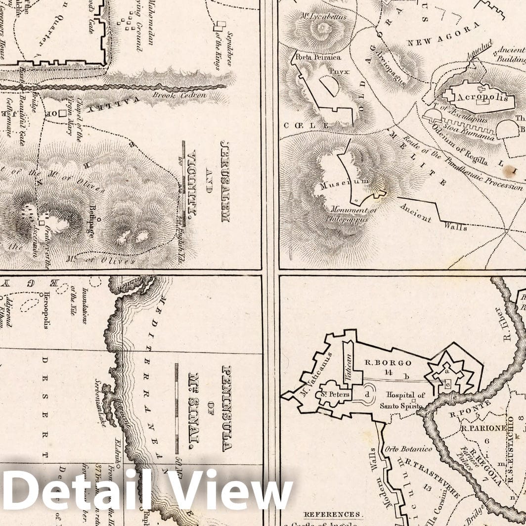 Athens, Rome, Jerusalem, and Mount Sinai Peninsula, 1838 - Historical Map Print