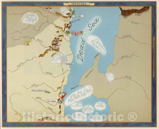 Masada, Israel - Pictorial Map, 1957 - Historical Map Print