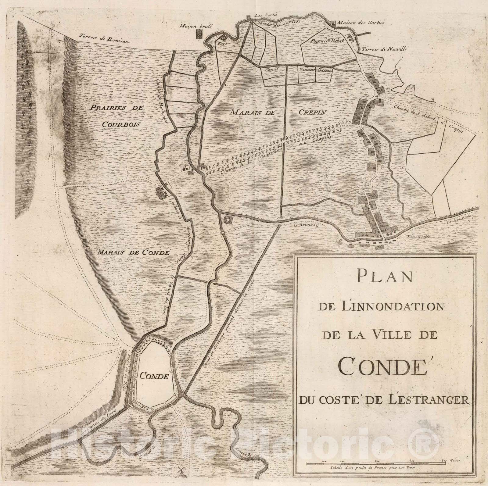 Historic Map : World Atlas Map, 67. Plan de L'innondation de la Ville de Conde du Coste de L'estranger. 1727 - Vintage Wall Art