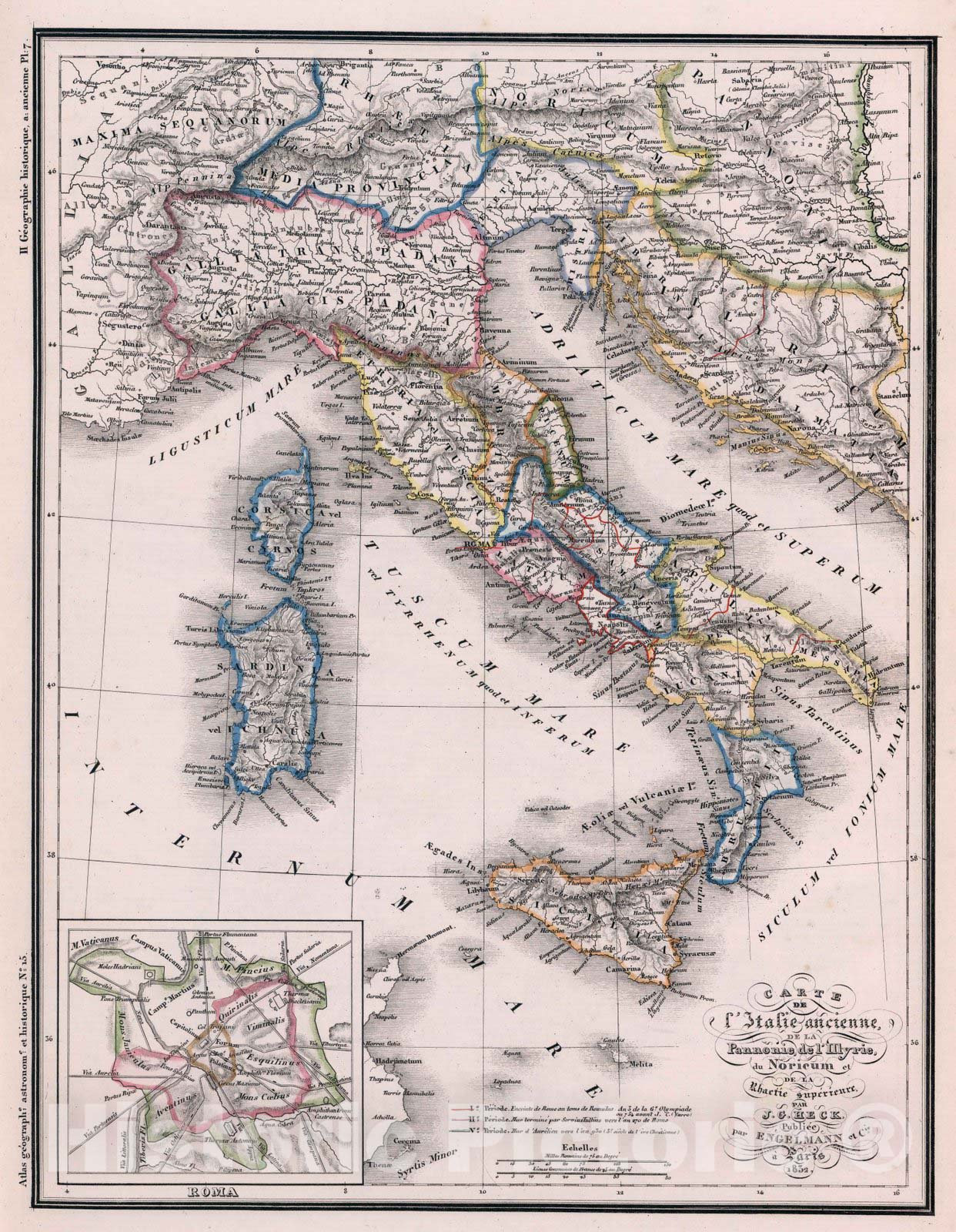 Historic Map : World Atlas Map, 15. Carte de l'Italie ancienne, de la Pannonie de l'Ilyrie, du Noricum et de la Rhaetie superieure. 1832 - Vintage Wall Art